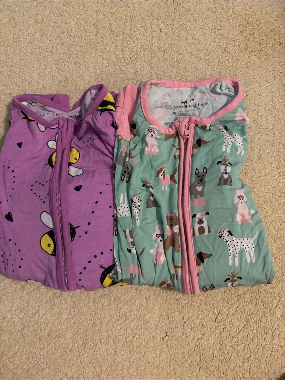 Little Sleepies 2-Pack Zipper Pajamas- Mint Dog Print & Purple Bee Print